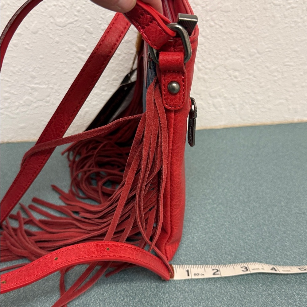 Wrangler Leather Fringe Denim Red Crossbody Bag - Picture 15 of 15
